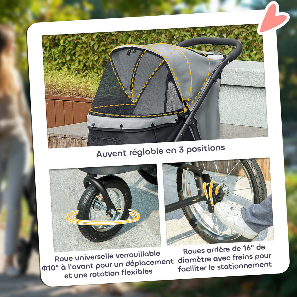 Poussette pour chien pliable avec panier de rangement, coussin lavable, roues en caoutchouc et auvent réglable, gris