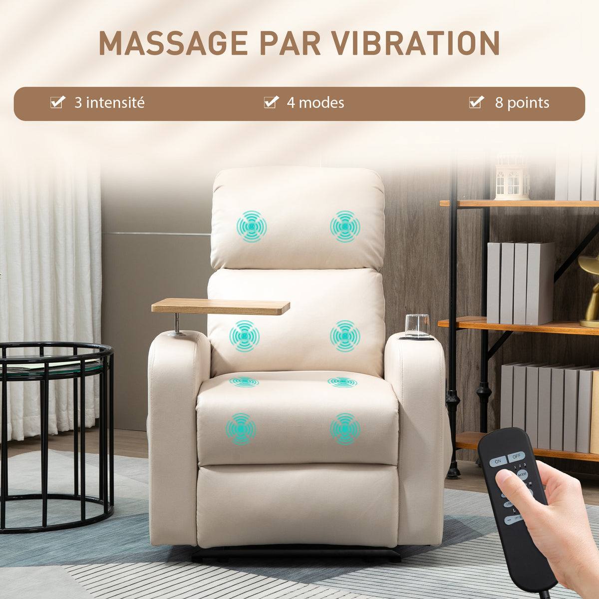 Fauteuil de relaxation fauteuil de massage inclinable avec Tablette, Poches latérales et Télécommande chaise TV