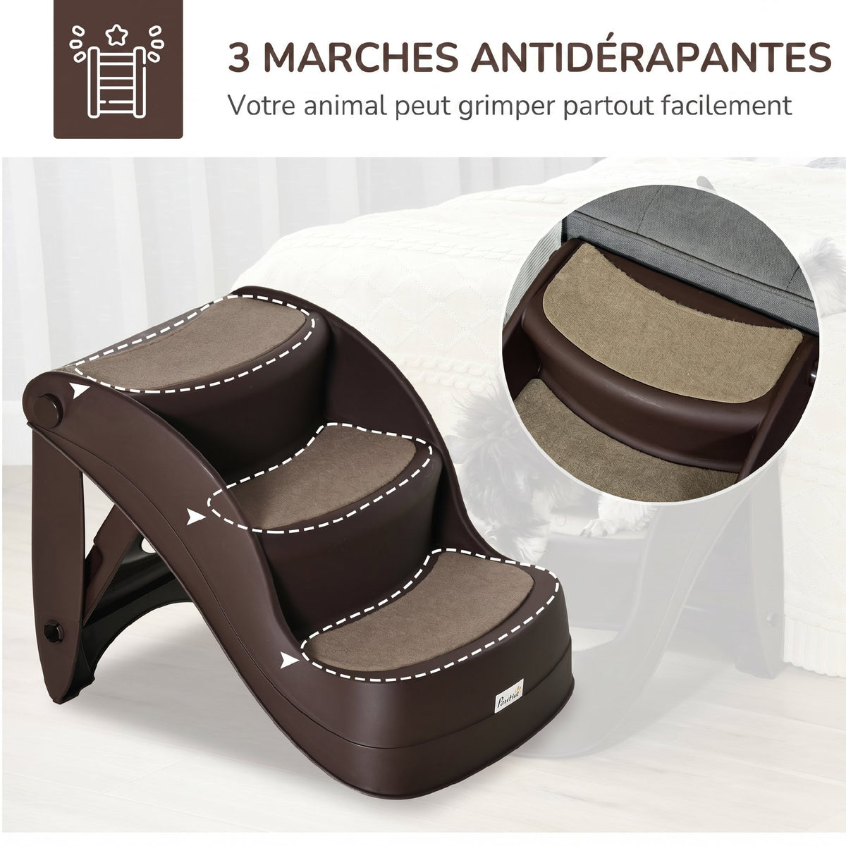Escalier pour Chien Pliant à 3 Marches Antidérapantes, pour Chiens Âgés, Chiots, Lit, Canapé, 49x38x38cm, Marron