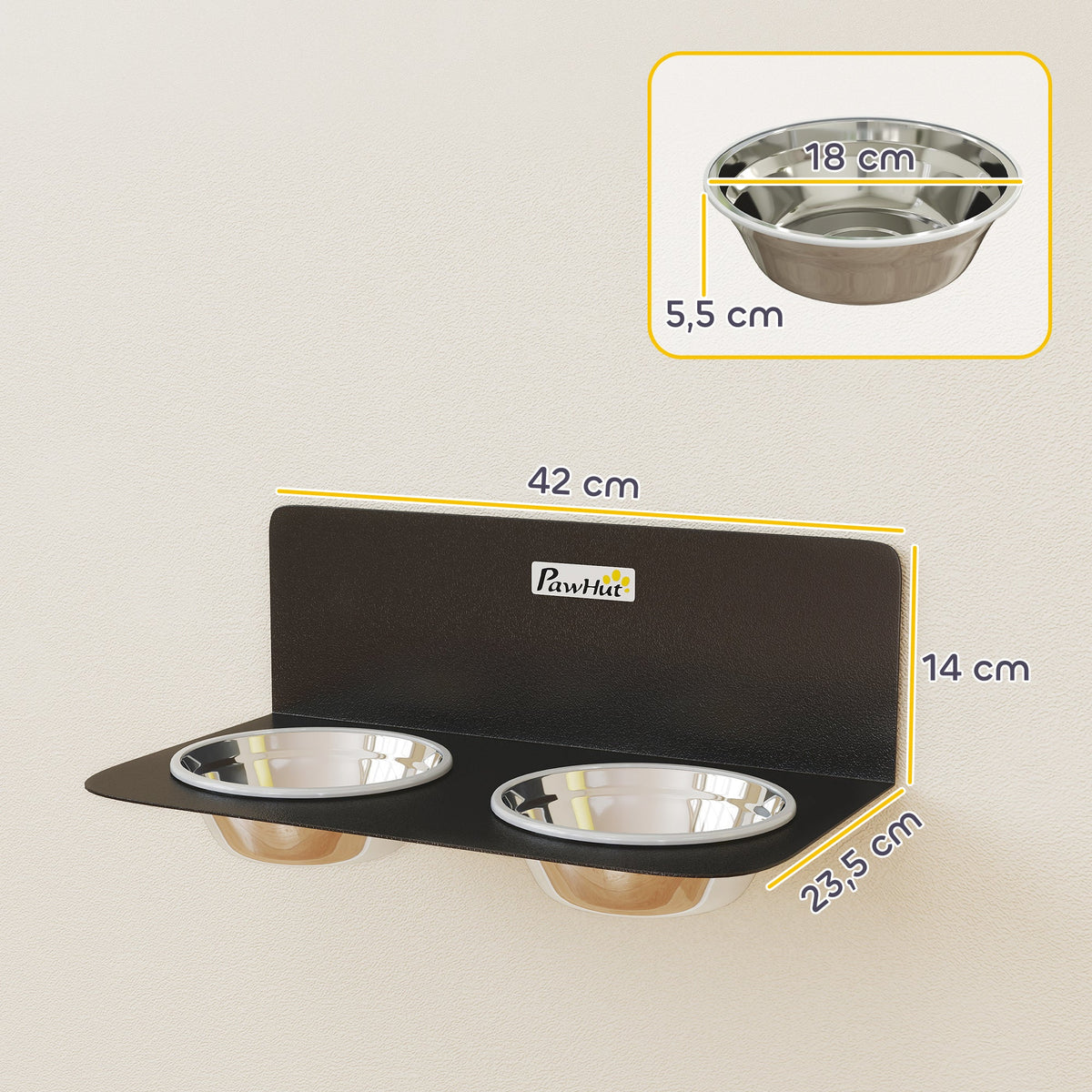 Gamelle Bol pour Chien Double Gamelle Support Mural 2 Bols Acier Inox 800ml Hauteur Réglable 42x23,5x14cm Noir - Alma Nova Care