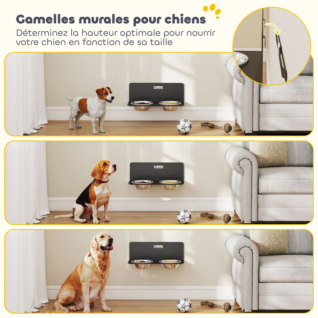 Gamelle Bol pour Chien Double Gamelle Support Mural 2 Bols Acier Inox 800ml Hauteur Réglable 42x23,5x14cm Noir - Alma Nova Care