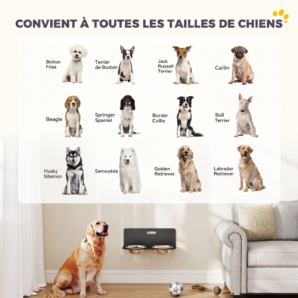 Gamelle Bol pour Chien Double Gamelle Support Mural 2 Bols Acier Inox 800ml Hauteur Réglable 42x23,5x14cm Noir - Alma Nova Care