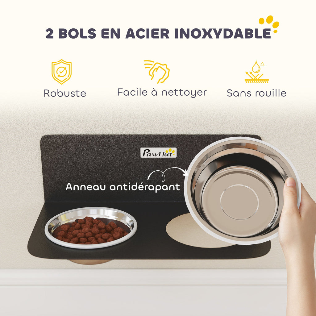 Gamelle Bol pour Chien Double Gamelle Support Mural 2 Bols Acier Inox 800ml Hauteur Réglable 42x23,5x14cm Noir - Alma Nova Care