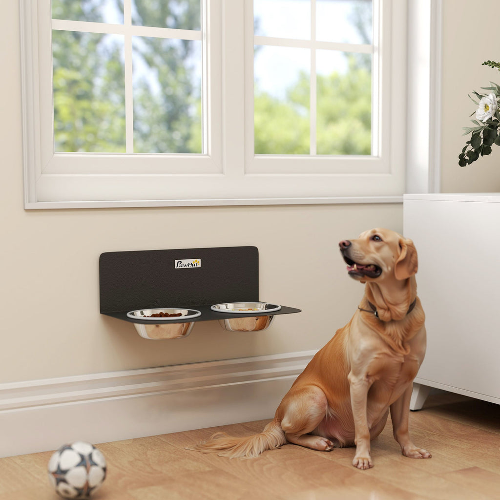 Gamelle Bol pour Chien Double Gamelle Support Mural 2 Bols Acier Inox 800ml Hauteur Réglable 42x23,5x14cm Noir - Alma Nova Care