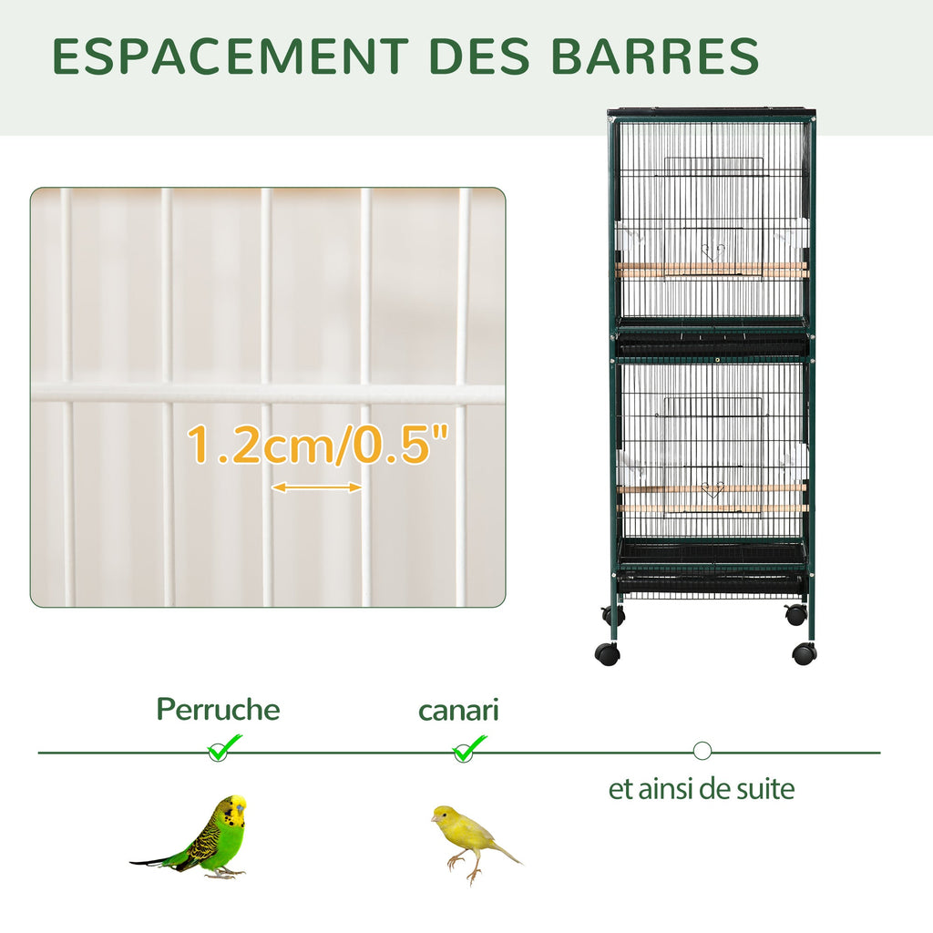 Grande Cage à Oiseaux sur pied double avec mangeoires perchoirs plateau amovible roulettes - Dim. 51,5L x 50l x 140H cm - Alma Nova Care