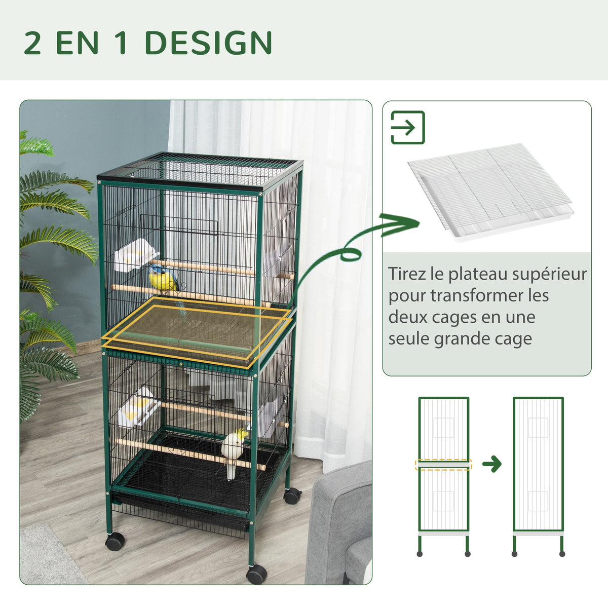 Grande Cage à Oiseaux sur pied double avec mangeoires perchoirs plateau amovible roulettes - Dim. 51,5L x 50l x 140H cm - Alma Nova Care