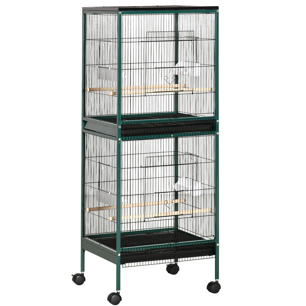 Grande Cage à Oiseaux sur pied double avec mangeoires perchoirs plateau amovible roulettes - Dim. 51,5L x 50l x 140H cm - Alma Nova Care