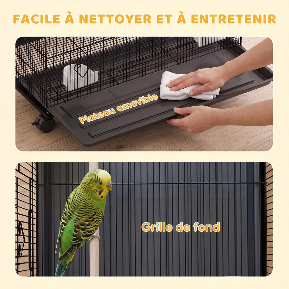 Grande Cage à Oiseaux sur Roulettes en Acier, Plateau Amovible, Portes, Perchoirs, Mangeoires, 77x46,5x141cm, Noir - Alma Nova Care