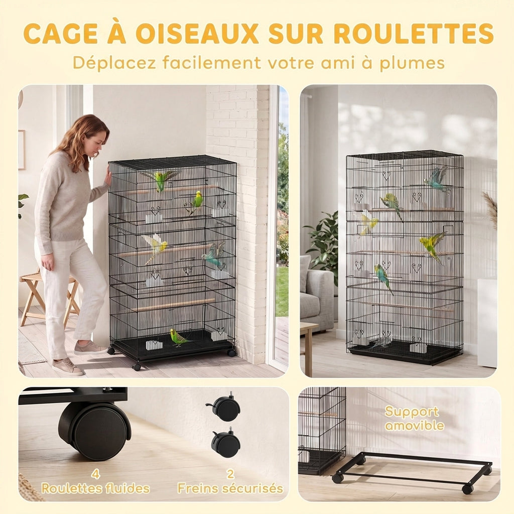 Grande Cage à Oiseaux sur Roulettes en Acier, Plateau Amovible, Portes, Perchoirs, Mangeoires, 77x46,5x141cm, Noir - Alma Nova Care