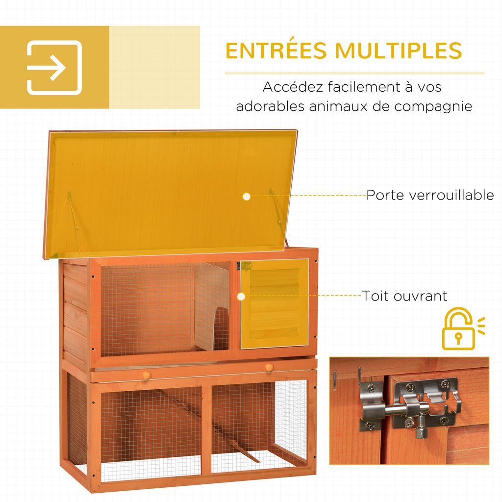 Clapier à lapin cage à lapin 2 étages plateau coulissant rampe et toit ouvrant 90L x 45l x 80H cm