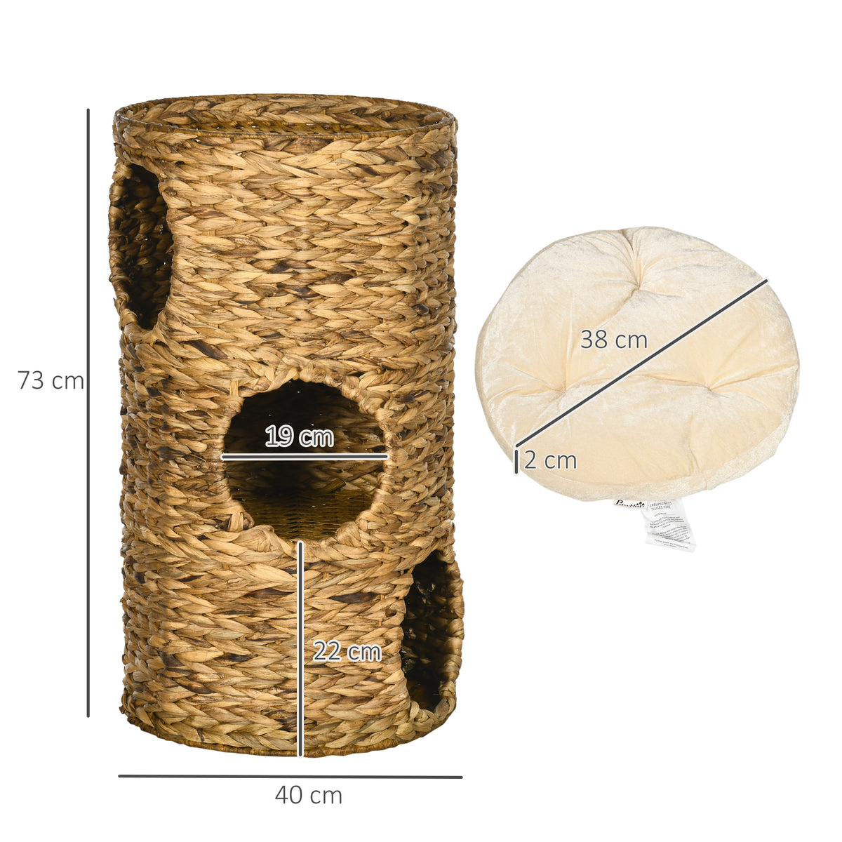 Tonneau à Gratter pour Chat 3 Niveaux, Coussins, Tressage en Jacinthe d'Eau, Cadre en Acier, Ø 40 x 73 cm, Marron Clair
