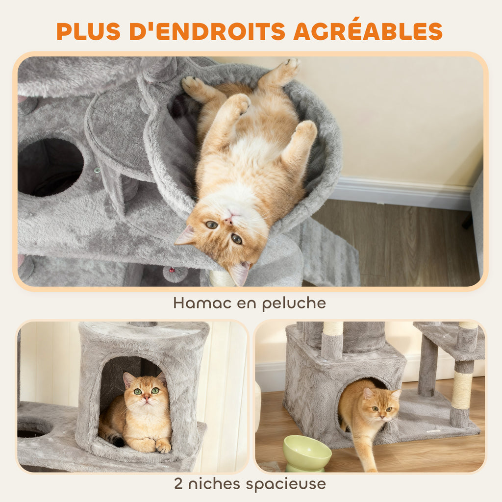 Arbre à chat tour de jeux 7 poteaux à griffer 3 plateformes 2 niches tunnel hamac et 2 pompons 170 cm gris foncé