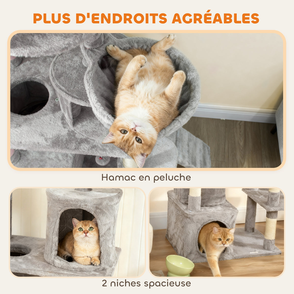 Arbre à chat tour de jeux 7 poteaux à griffer 3 plateformes 2 niches tunnel hamac et 2 pompons 170 cm gris foncé