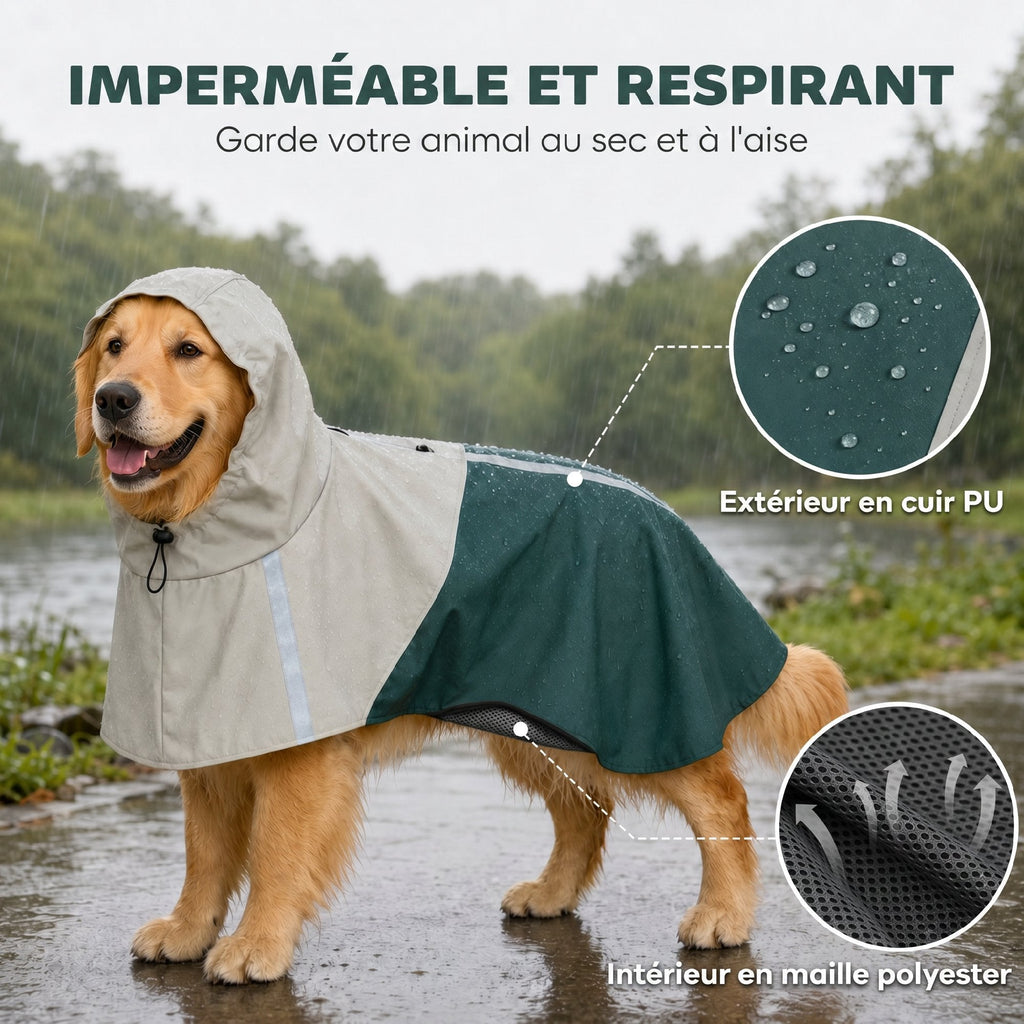 Imperméable pour Chien avec Capuche, Bandes Réfléchissantes, Ouverture pour Laisse, 110x72x0,5cm, Vert - Alma Nova Care
