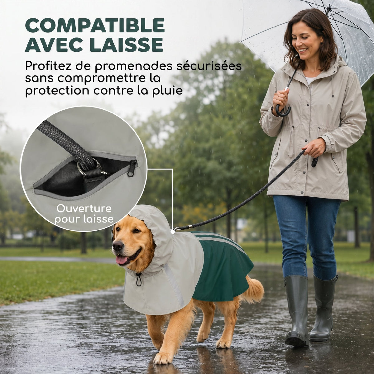 Imperméable pour Chien avec Capuche, Bandes Réfléchissantes, Ouverture pour Laisse, 110x72x0,5cm, Vert - Alma Nova Care