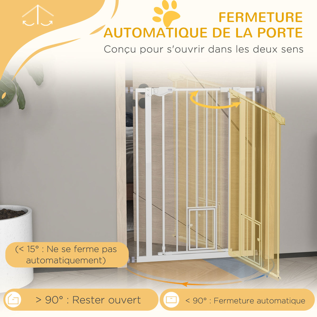 Barrière de sécurité animaux de 104H cm avec porte fermeture automatique système de double verrouillage sans percage