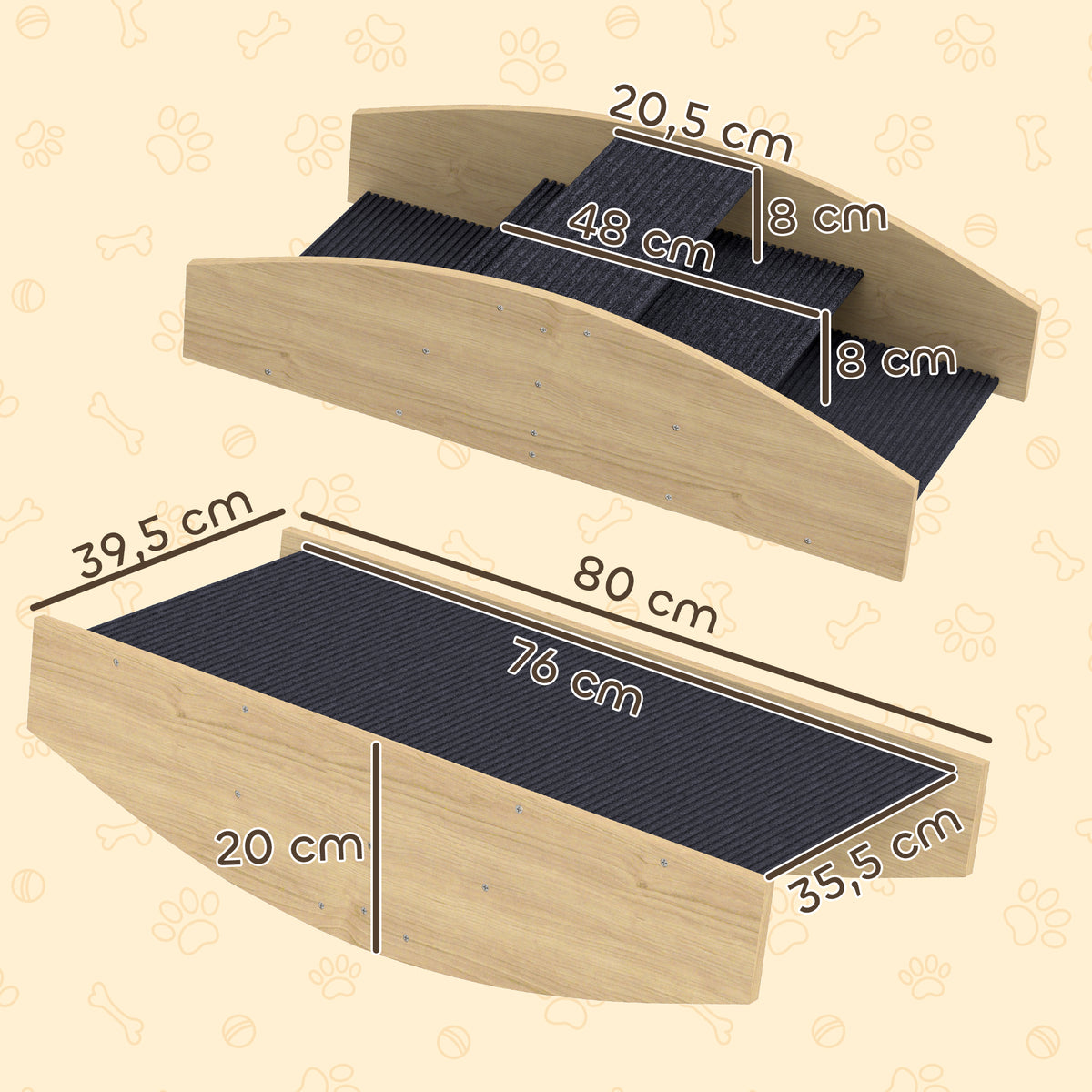 Bascule Chien Agility Réversible 2-en-1 Escalier pour Chien 3 Marches en Bois 80x39,5x20cm, Bois Naturel