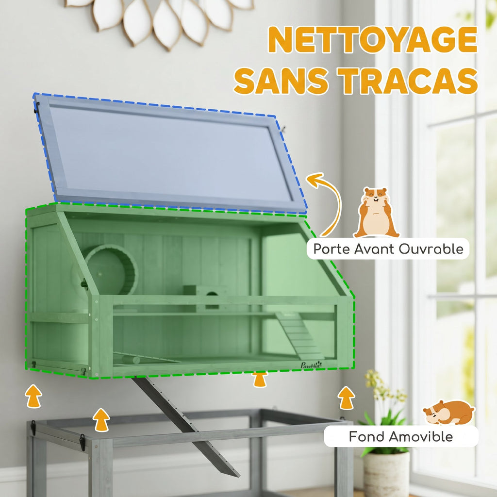 Cage Hamster Rongeur à 3 Niveaux, Base Amovible Profonde, Cabane, Balançoire, 80x50x76cm Gris Clair