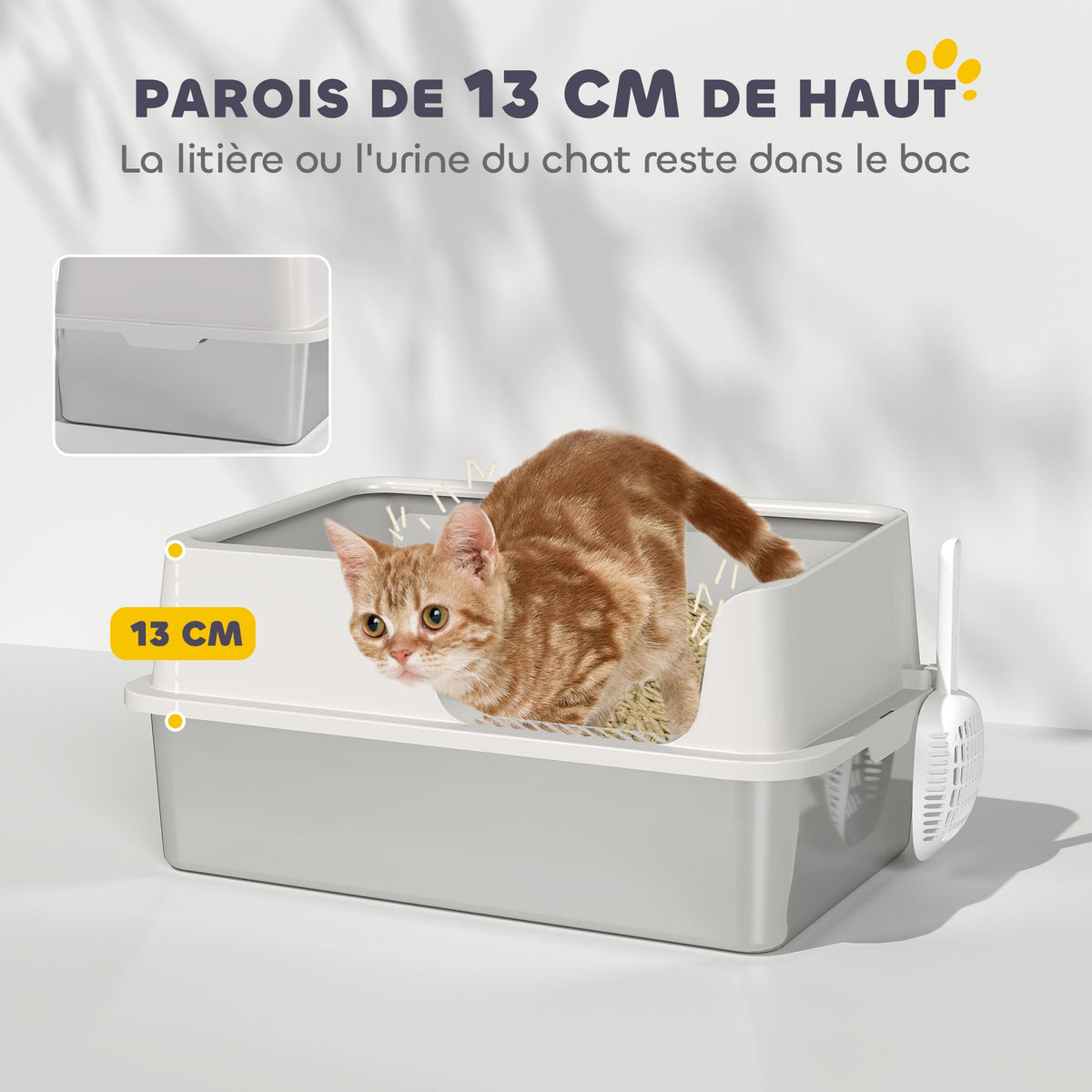 Litière pour chat, bac à litière en acier inoxydable avec côtés hauts pelle nettoyage facile 60 x 40 x 28 cm gris clair - Alma Nova Care
