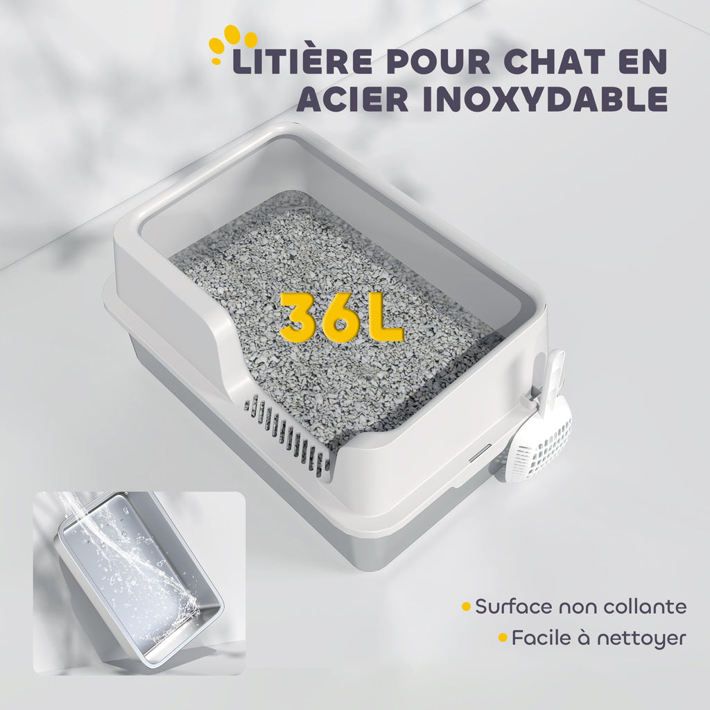 Litière pour chat, bac à litière en acier inoxydable avec côtés hauts pelle nettoyage facile 60 x 40 x 28 cm gris clair - Alma Nova Care