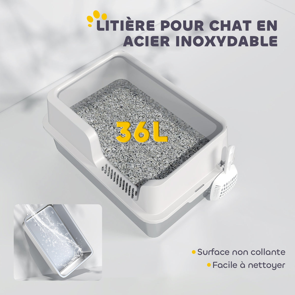 Litière pour chat, bac à litière en acier inoxydable avec côtés hauts pelle nettoyage facile 60 x 40 x 28 cm gris clair - Alma Nova Care