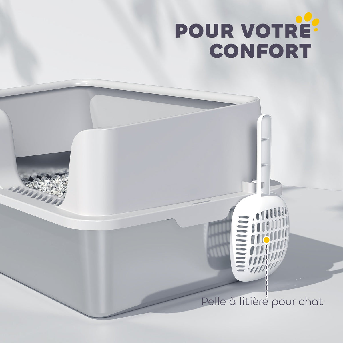 Litière pour chat, bac à litière en acier inoxydable avec côtés hauts pelle nettoyage facile 60 x 40 x 28 cm gris clair - Alma Nova Care