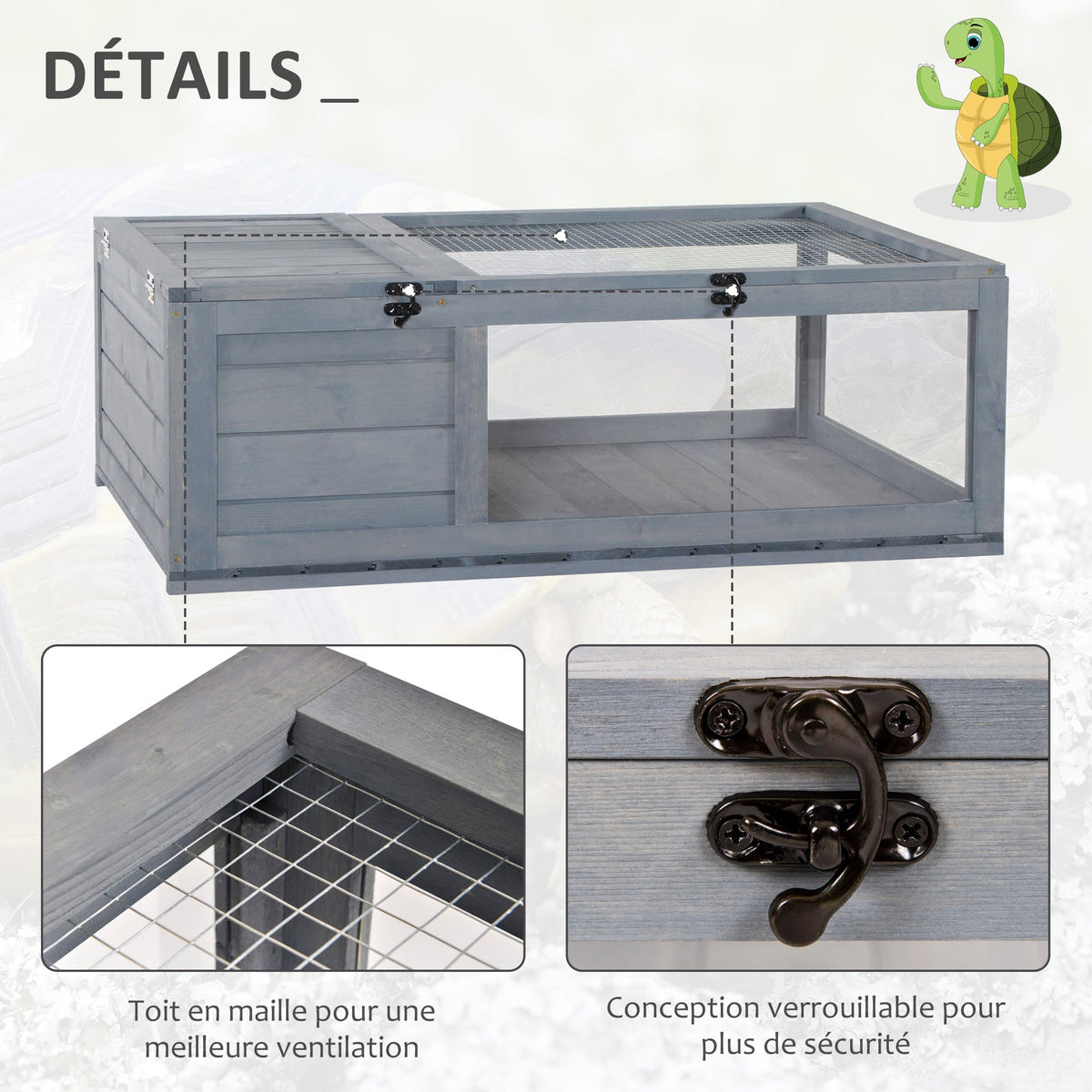Maison enclos cage habitat pour petit animal tortues avec 2 espaces 91 x 60,5 x 32 cm bois massif gris - Alma Nova Care