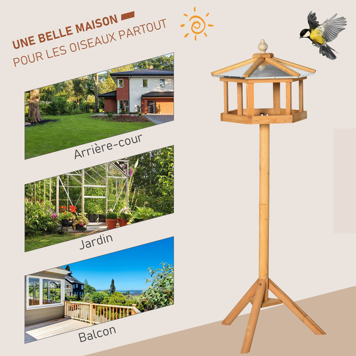 Mangeoire Mangeoire pour oiseaux sauvages sur Pied nichoir a Plateau Station a Oiseau Abris à oiseaux Bois pour Exterieur 113 cm - Alma Nova Care