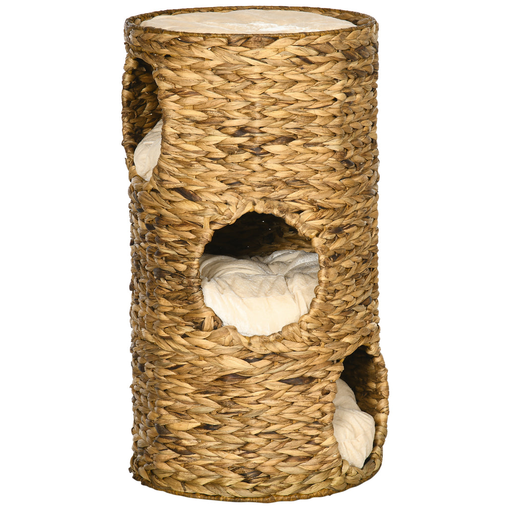 Tonneau à Gratter pour Chat 3 Niveaux, Coussins, Tressage en Jacinthe d'Eau, Cadre en Acier, Ø 40 x 73 cm, Marron Clair