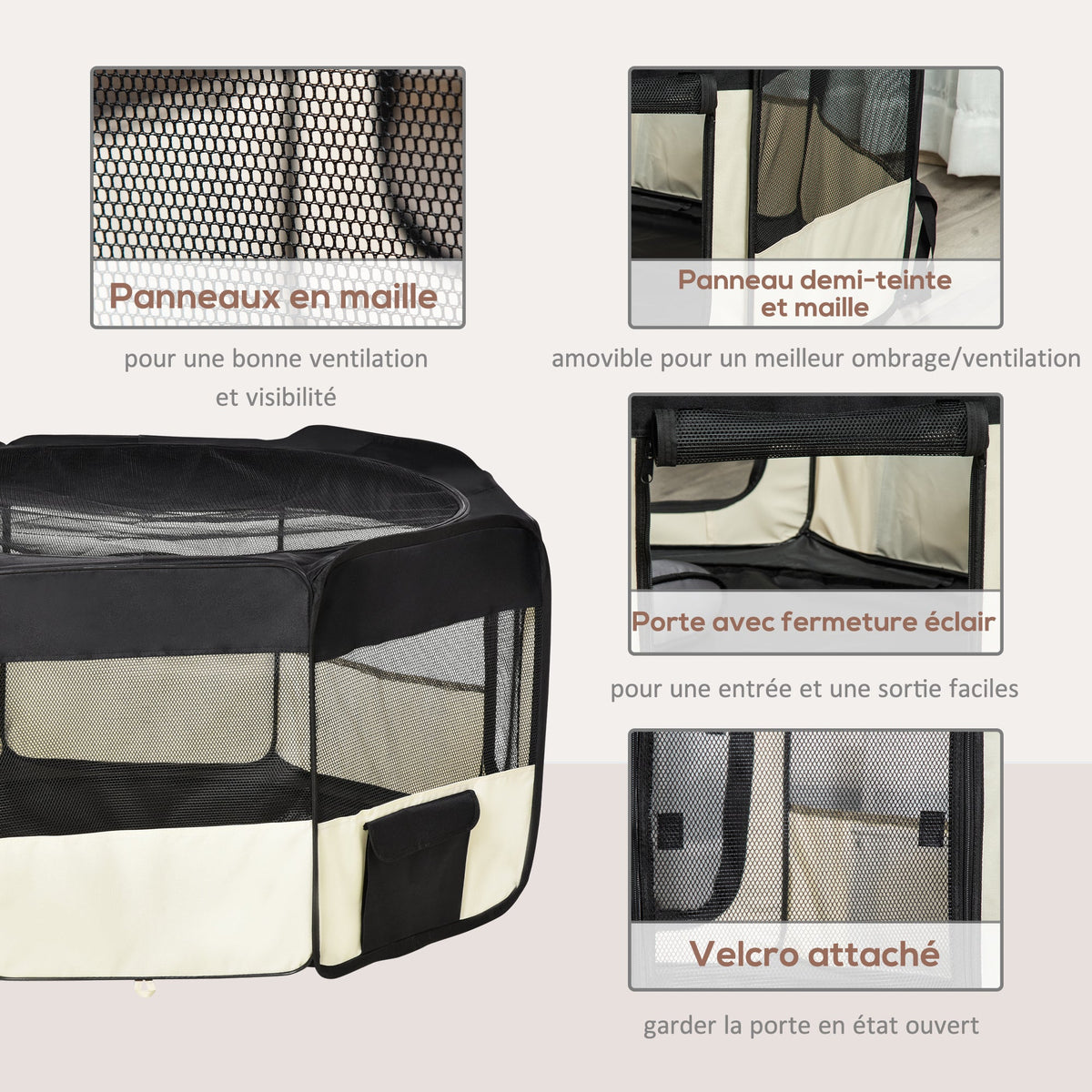 Parc enclos pliable pour chien chat petits animaux octogonal en tissu Oxford et acier - Ø 120 x 58H cm - noir et crème - Alma Nova Care