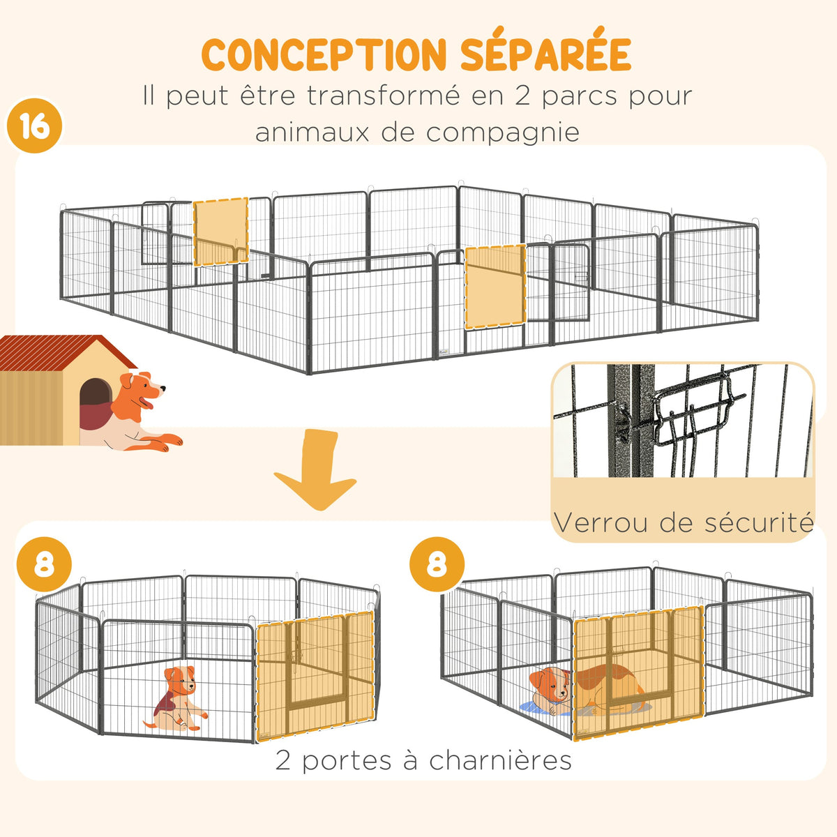 Parc pour chien, enclos chien 16 panneaux modulable et pliable, portable en acier avec portes 80 x 60 gris - Alma Nova Care