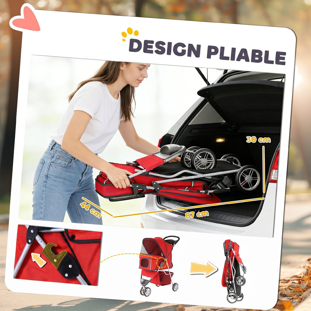 Poussette pour Chien 4 Roues, Chariot Pliable avec Auvent Réglable, Panier de Rangement, 77x44x102cm, Rouge - Alma Nova Care