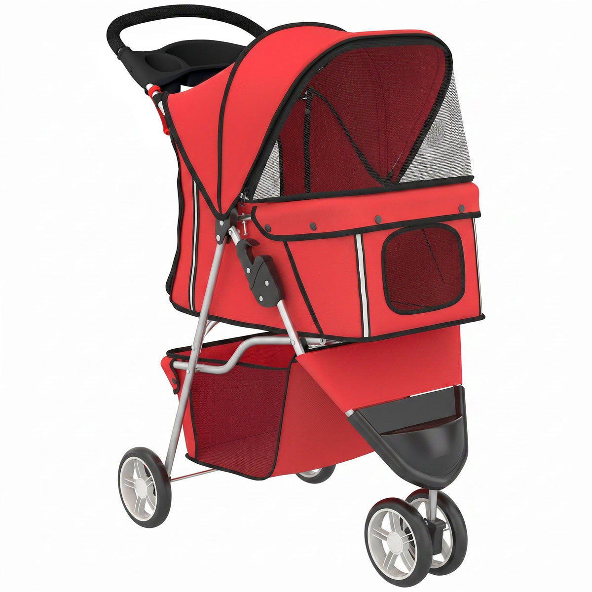 Poussette pour Chien 4 Roues, Chariot Pliable avec Auvent Réglable, Panier de Rangement, 77x44x102cm, Rouge - Alma Nova Care
