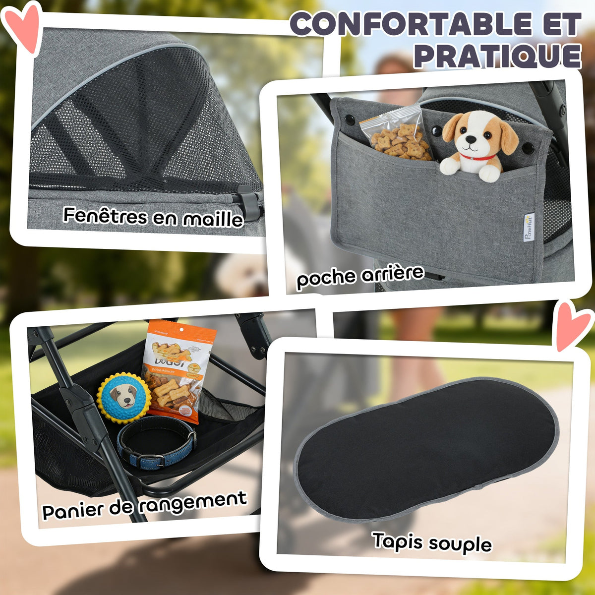 Poussette pour Chien Pousse-Chien 3 en 1 Détachable Pliable Nacelle Amovible et Sans Fermeture Éclair Suspension Gris - Alma Nova Care