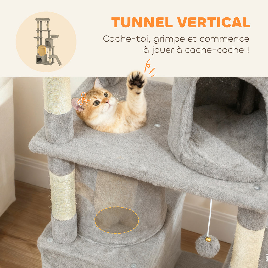 Arbre à chat tour de jeux 7 poteaux à griffer 3 plateformes 2 niches tunnel hamac et 2 pompons 170 cm gris foncé
