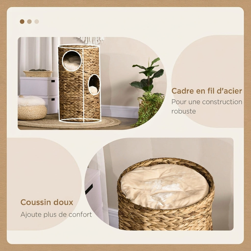 Tonneau à Gratter pour Chat 3 Niveaux, Coussins, Tressage en Jacinthe d'Eau, Cadre en Acier, Ø 40 x 73 cm, Marron Clair