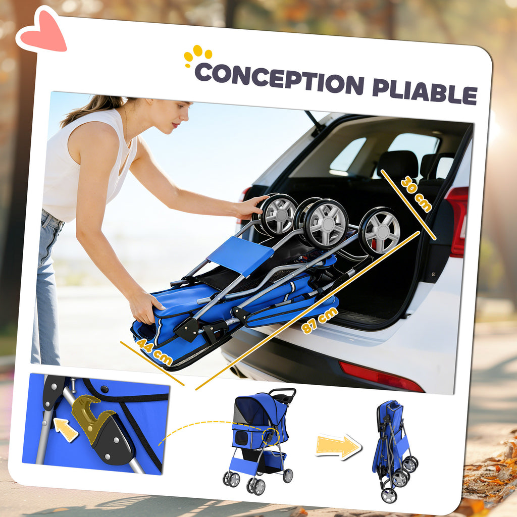 Poussette buggy pliable animaux chariot pliante chien chat porte-gobelet panier de rangement 75 x 45 x 97 cm bleu