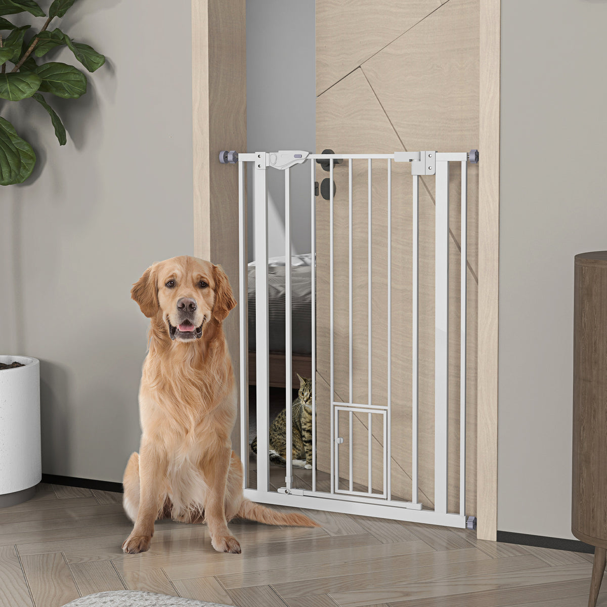 Barrière de sécurité animaux de 104H cm avec porte fermeture automatique système de double verrouillage sans percage