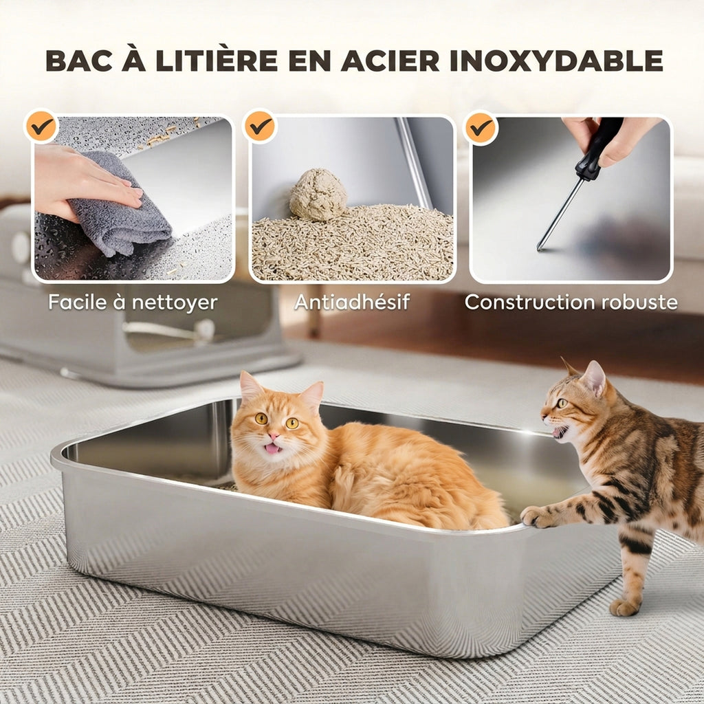 Maison de Toilette pour Chat XXL en Inox, Couvercle 90°, Double Porte, Filtre Frontal, Pelle, 70x50x46,5cm, Gris