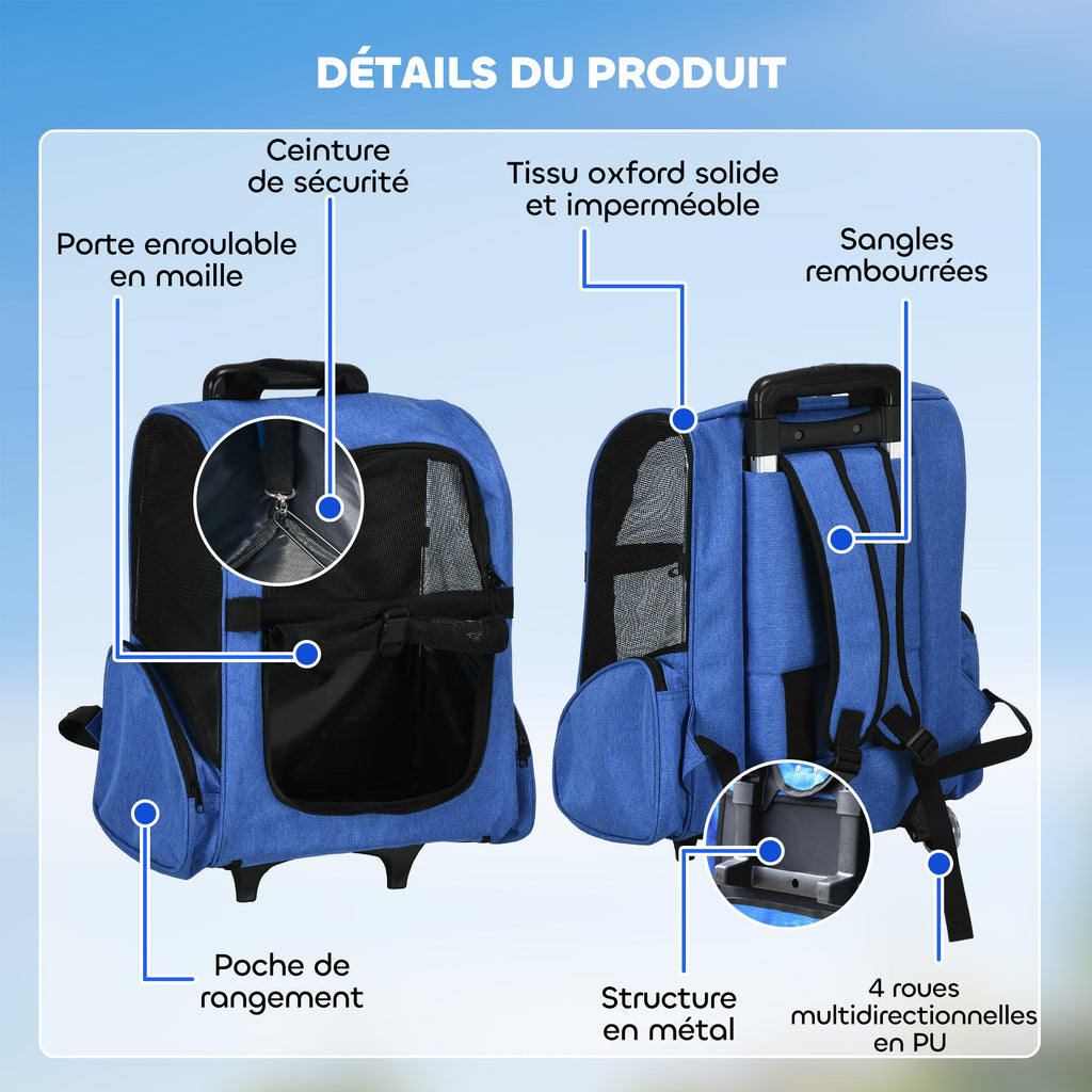 Sac de transport à roulettes pour chien 2 en 1 trolley chariot sac à dos pour chien chat avec poignée téléscopique, sacs de rangement, aérations, attache de sécurité, 42 x 25 x 55 cm, bleu - Alma Nova Care