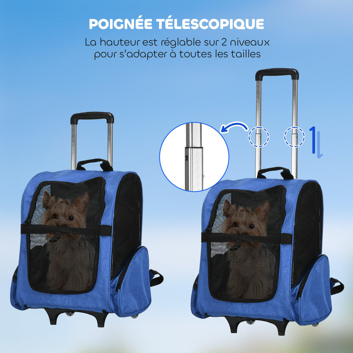 Sac de transport à roulettes pour chien 2 en 1 trolley chariot sac à dos pour chien chat avec poignée téléscopique, sacs de rangement, aérations, attache de sécurité, 42 x 25 x 55 cm, bleu - Alma Nova Care