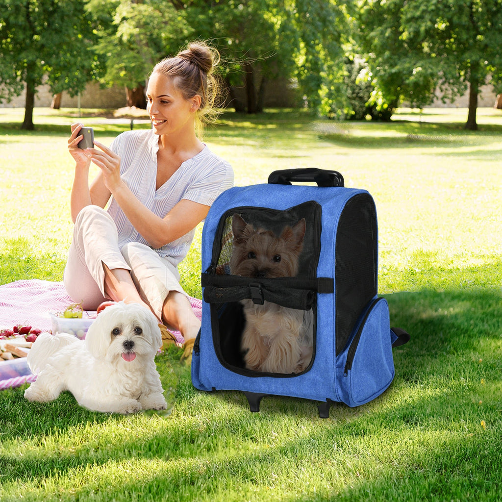 Sac de transport à roulettes pour chien 2 en 1 trolley chariot sac à dos pour chien chat avec poignée téléscopique, sacs de rangement, aérations, attache de sécurité, 42 x 25 x 55 cm, bleu - Alma Nova Care