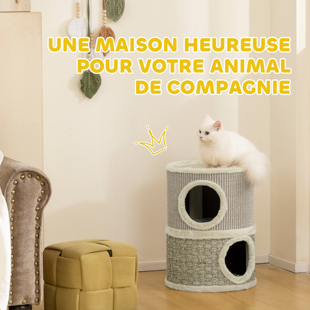 Tonneau à gratter pour chat arbre à chat sisal naturel et herbiers marins recouvert de peluche 35,5x35,5x49cm kaki café - Alma Nova Care