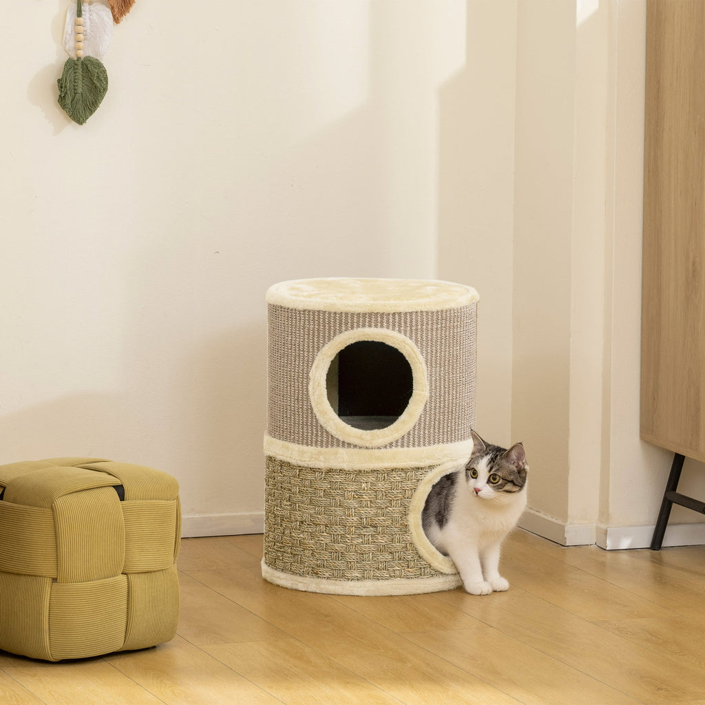 Tonneau à gratter pour chat arbre à chat sisal naturel et herbiers marins recouvert de peluche 35,5x35,5x49cm kaki café - Alma Nova Care