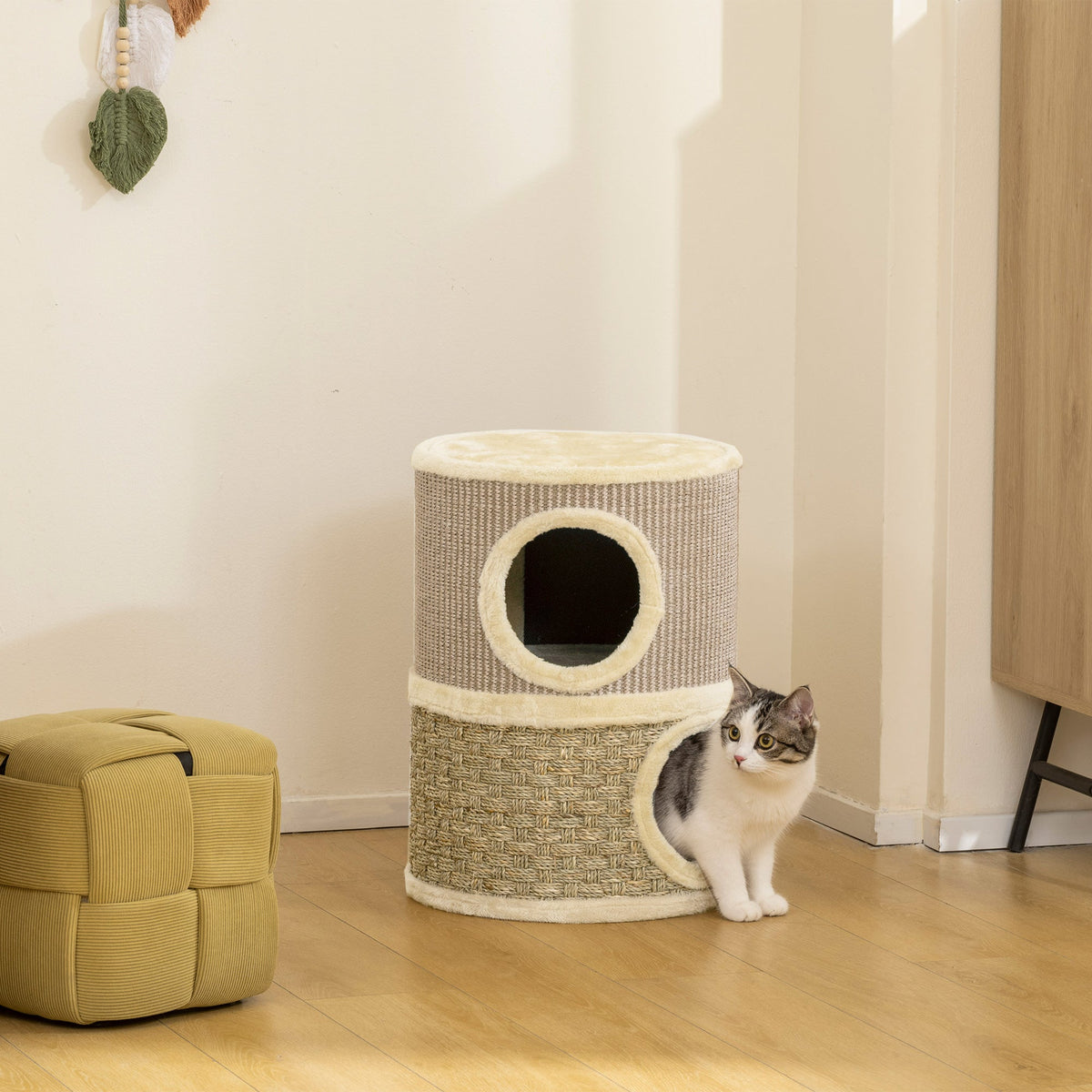 Tonneau à gratter pour chat arbre à chat sisal naturel et herbiers marins recouvert de peluche 35,5x35,5x49cm kaki café - Alma Nova Care