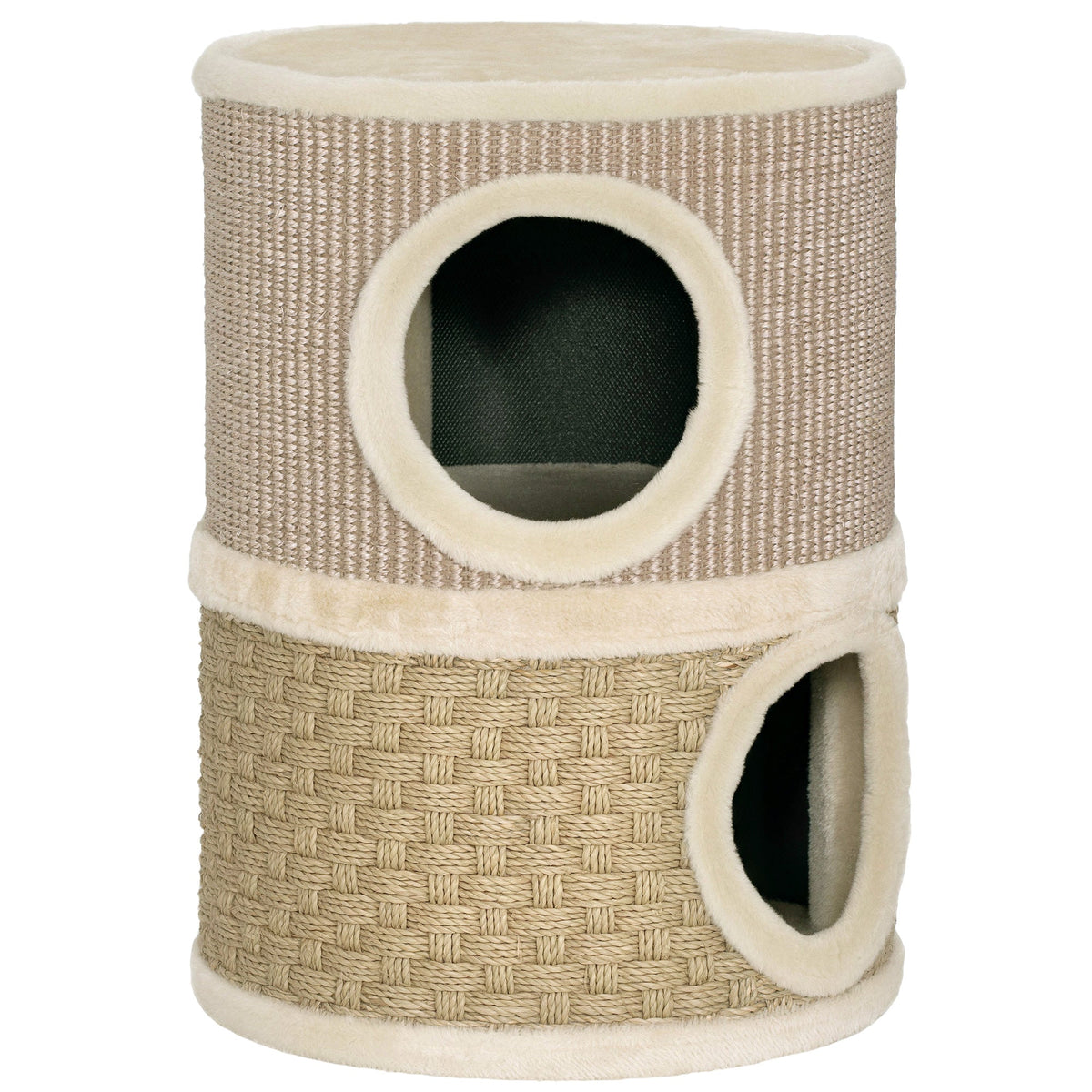 Tonneau à gratter pour chat arbre à chat sisal naturel et herbiers marins recouvert de peluche 35,5x35,5x49cm kaki café - Alma Nova Care