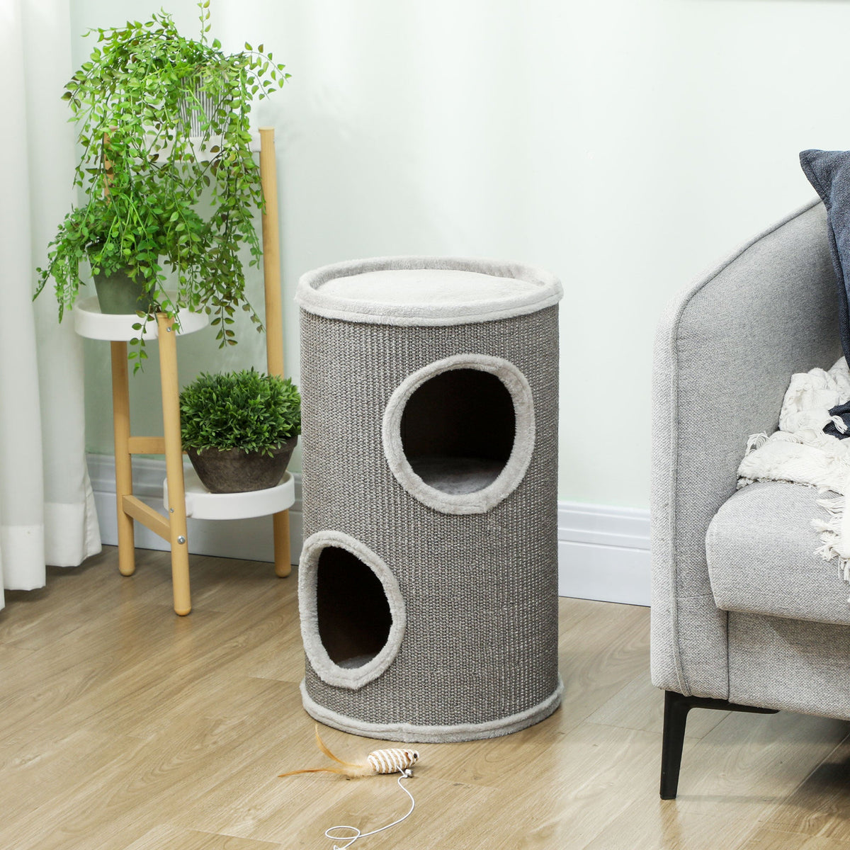 Tonneau à Gratter pour Chat, Tour à Griffer, Arbre à Chat à 2 Couches en Sisal Naturel, Ø35x60cm, Gris Clair - Alma Nova Care