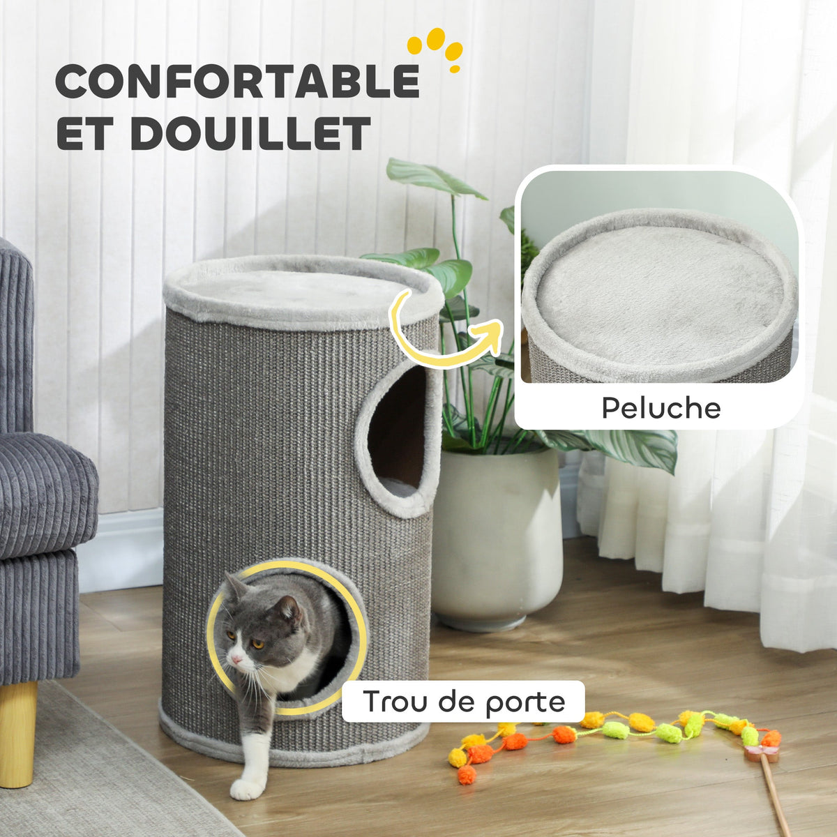 Tonneau à Gratter pour Chat, Tour à Griffer, Arbre à Chat à 2 Couches en Sisal Naturel, Ø35x60cm, Gris Clair - Alma Nova Care