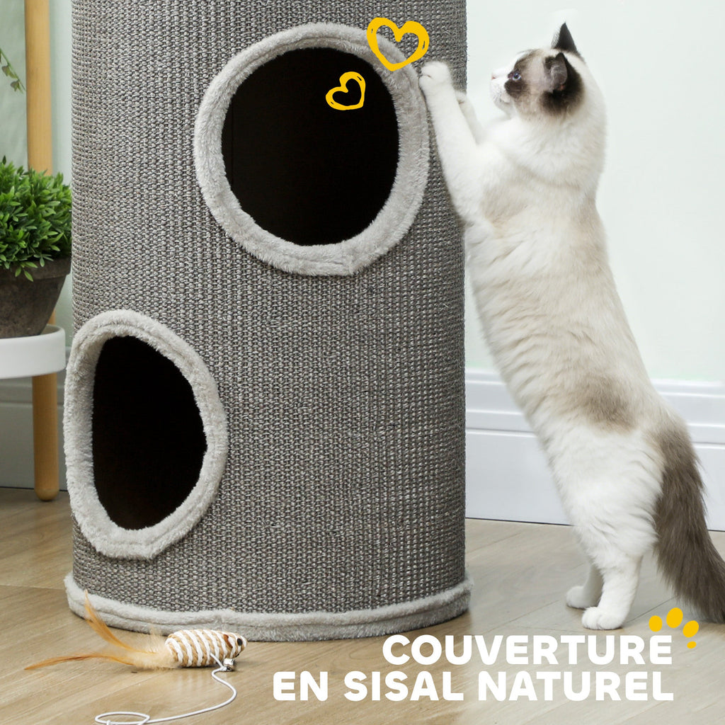 Tonneau à Gratter pour Chat, Tour à Griffer, Arbre à Chat à 2 Couches en Sisal Naturel, Ø35x60cm, Gris Clair - Alma Nova Care