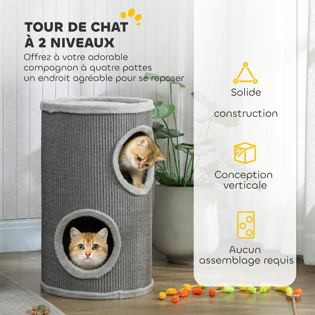 Tonneau à Gratter pour Chat, Tour à Griffer, Arbre à Chat à 2 Couches en Sisal Naturel, Ø35x60cm, Gris Clair - Alma Nova Care